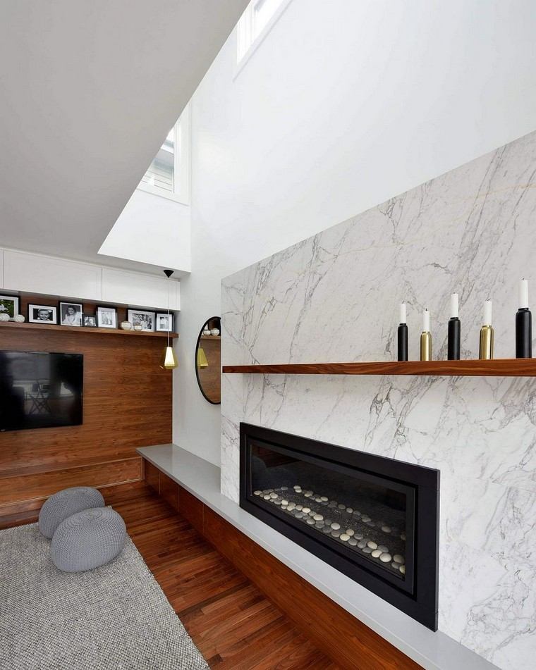cheminée salon mur marbre design mur bois idée cheminée moderne