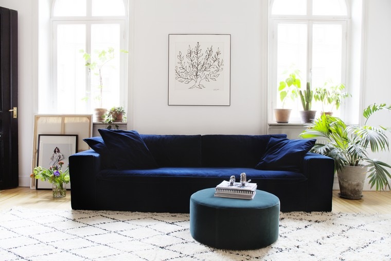 salon déco idée canapé bleu design tapis sol pouf idée plante