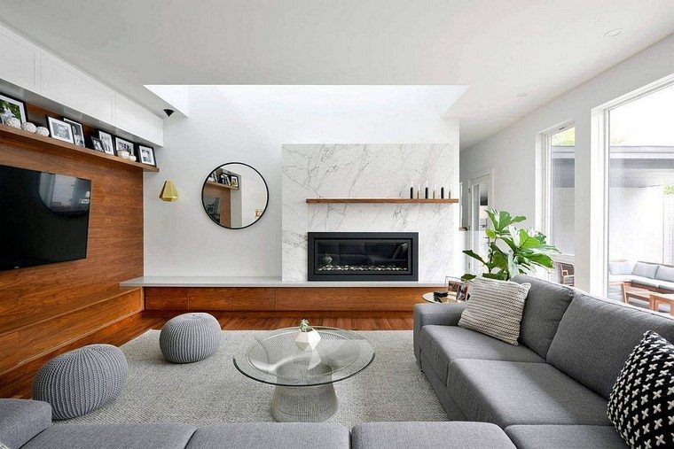 maison contemporaine design moderne idée mur bois marbre cheminée