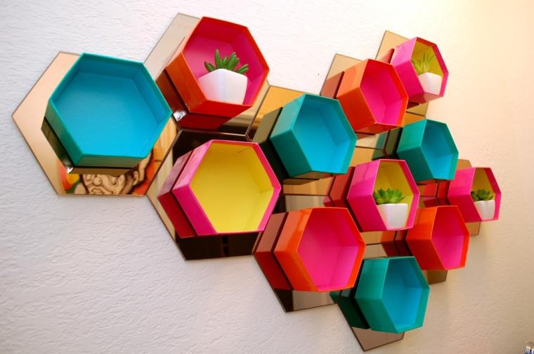 idée étagère murale hexagone-plantes-couleurs
