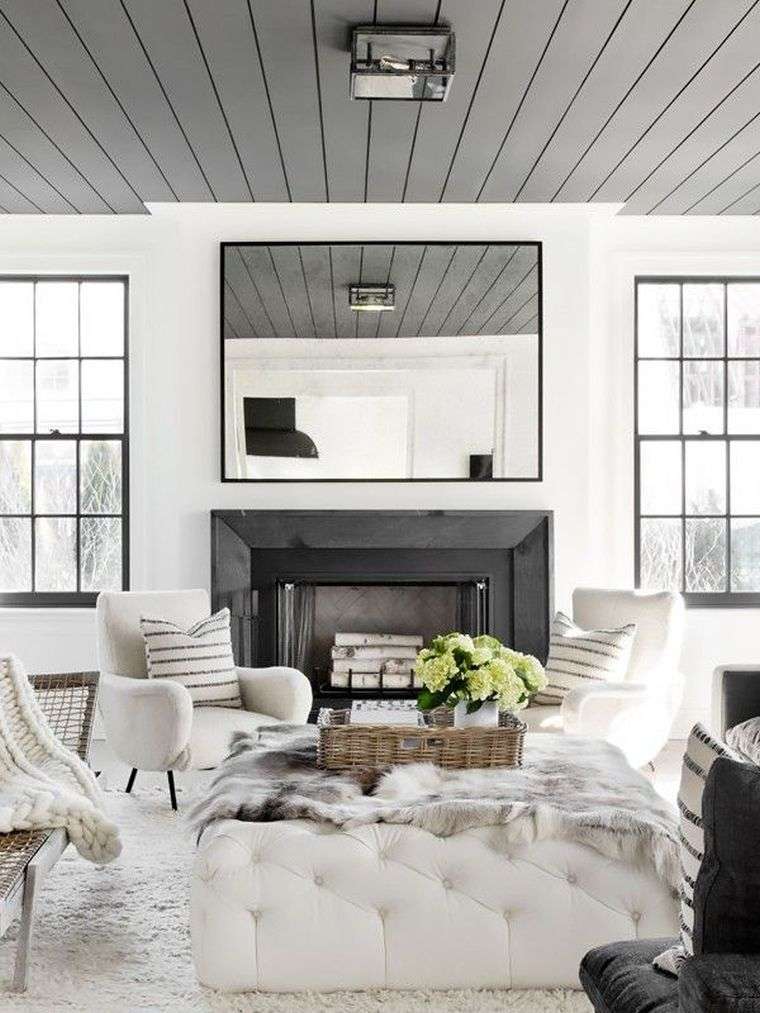 déco salon gris et blanc cheminee-peinture-plafond