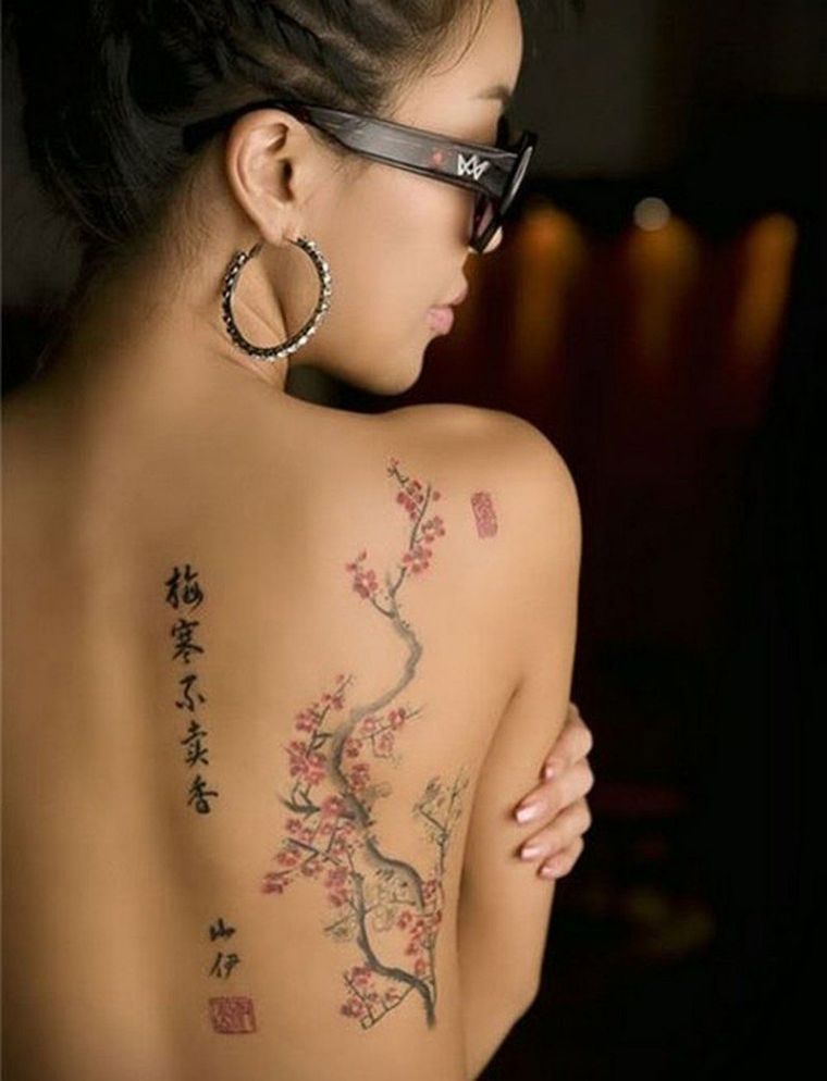 tatouage japonais femme-dos-lettres-cerisier