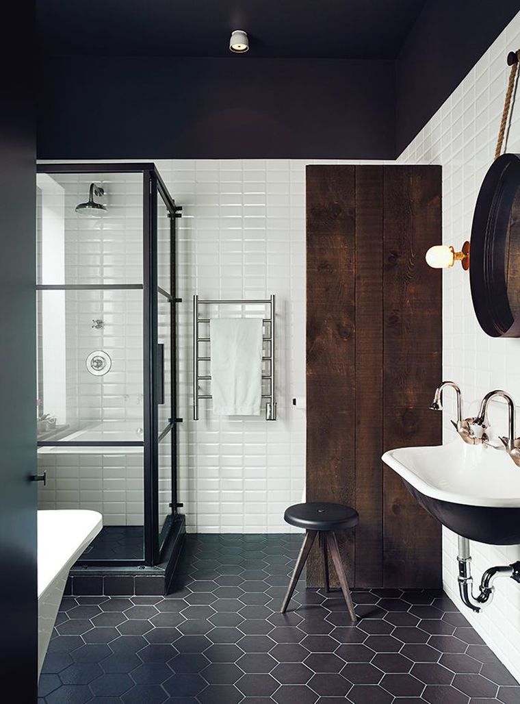 carrelage salle de bain grise et bois moderne