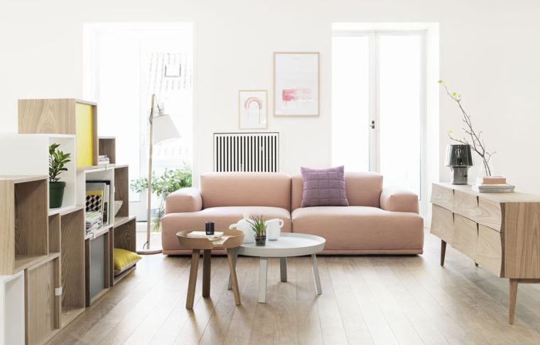 design scandinave salon-sejour-meubles-bois-canape-rose