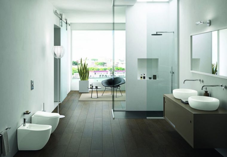 salle de bain douche italienne-paroi-verre-meuble-bois