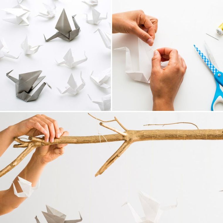 origami-realisation-pliage-grue-DIY-deco-branche-bois