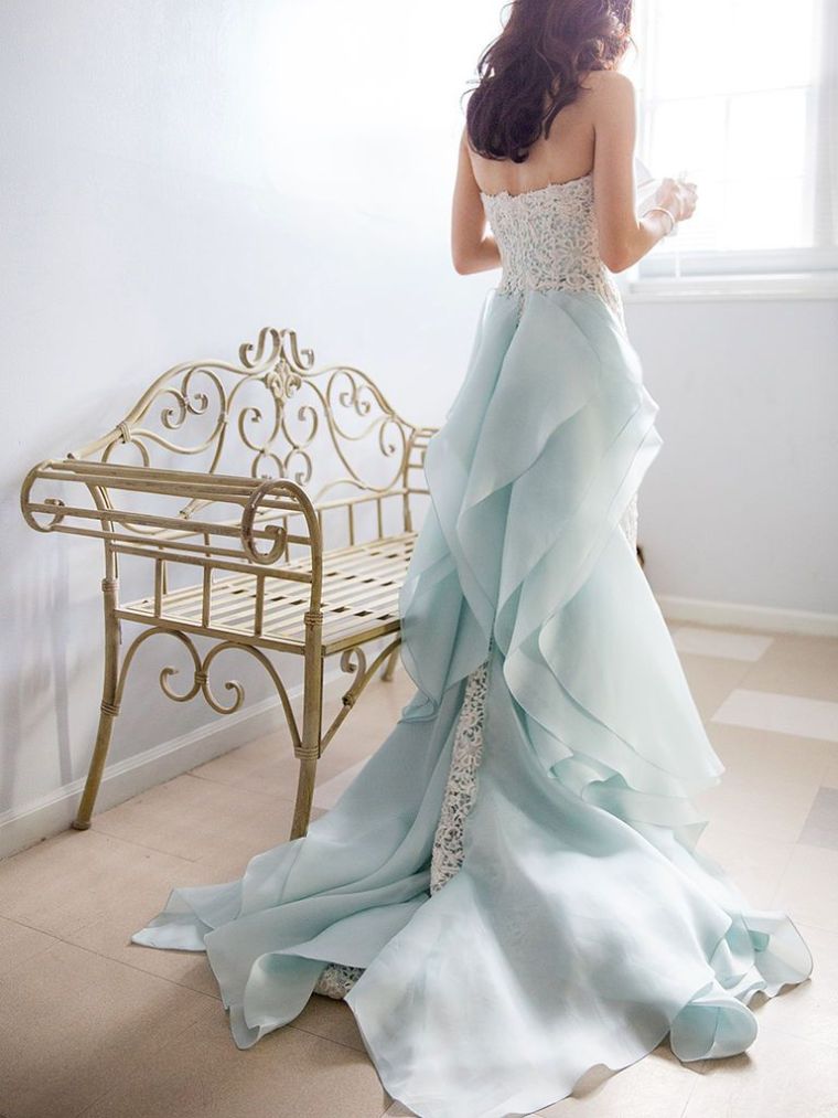 robe mariage bleu princesse-bustier-longue