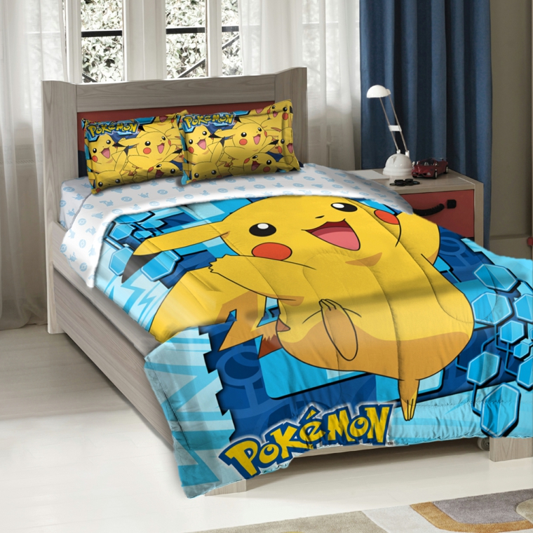deco bleu et jaune chambre-enfants-pokemon
