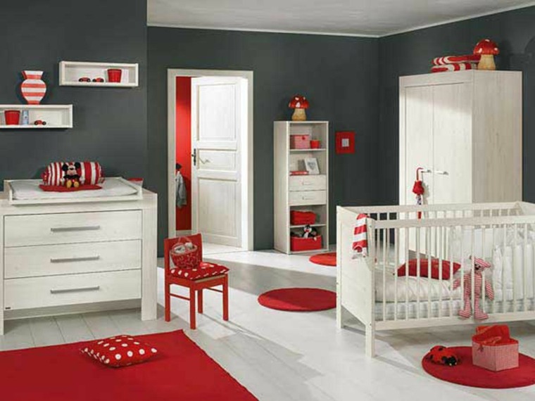 chambre bébé moderne rouge-blanc-gris