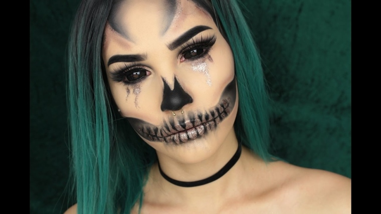 maquillage pour halloween tete-mort-mexicaine-cheveux-verts
