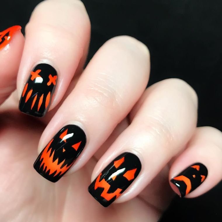 nail art halloween idee-citrouille-ongles-vernis-noir-orange