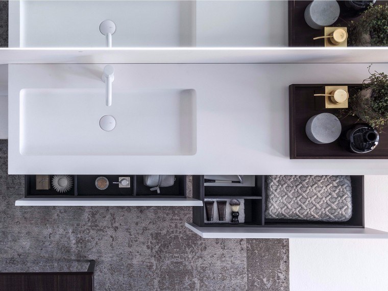 idée salle de bain moderne béton ciré plan de travail design tiroirs