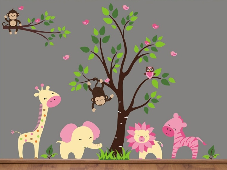décoration murale chambre bébé animaux-rose-arbre-vert
