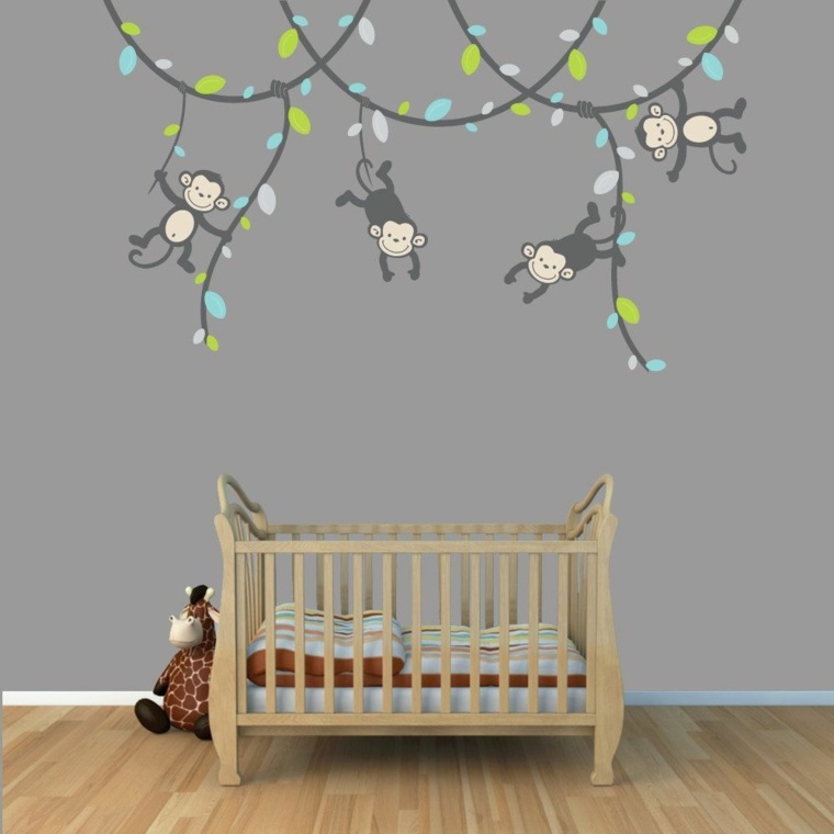 décoration murale chambre bébé mur-gris-singes