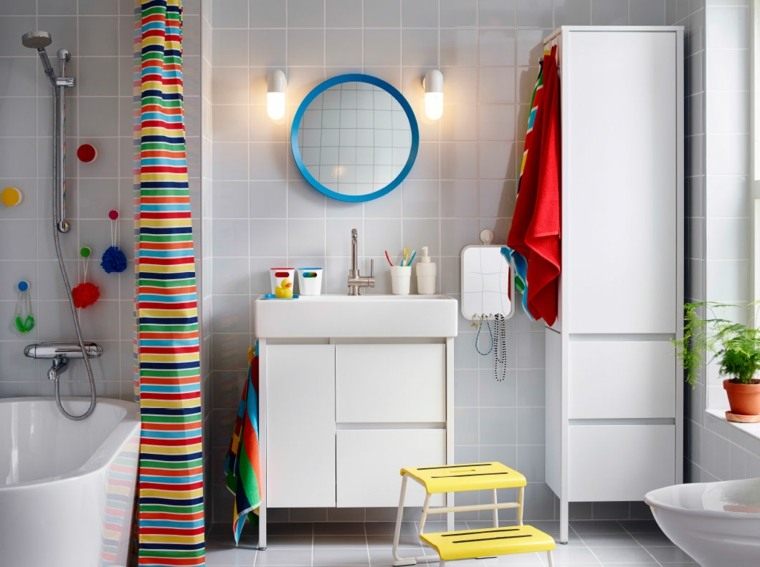 meuble salle de bain ikea blanc-rideau-multicolore