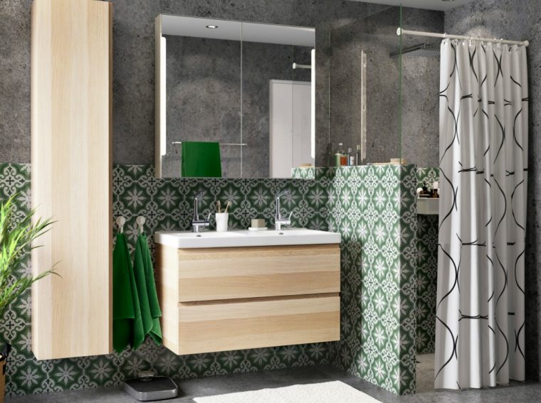meuble salle de bain ikea bois-murs-gris