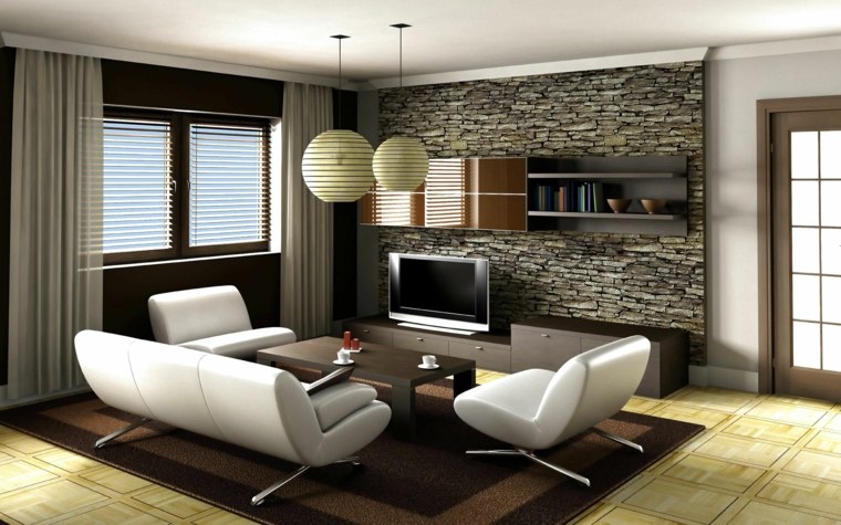 photo salon moderne meubles-blancs-mur-pierre-sol-bois