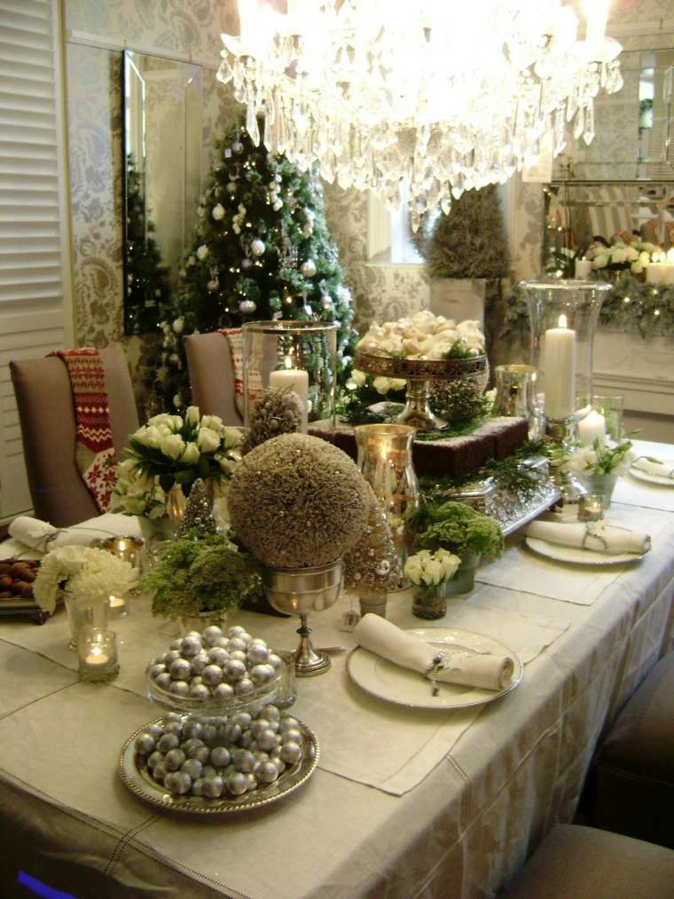 décoration de table de noël opulente-vert-blanc-argent