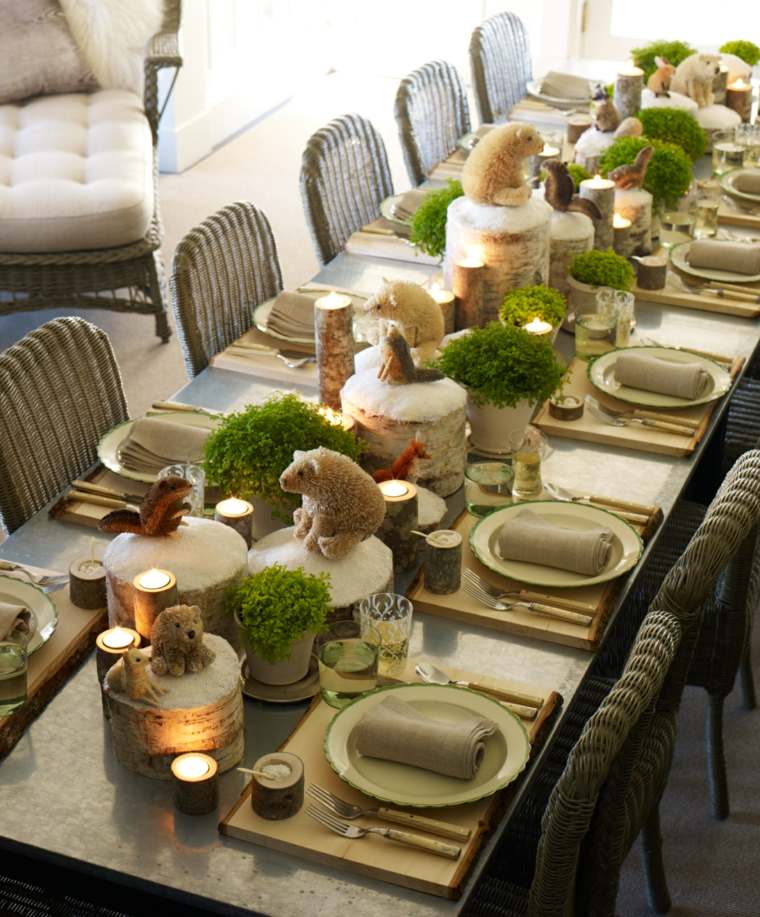 décoration de table de noël ours-blancs-troncs-bouleau