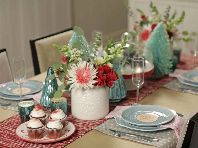 décoration de table de noël pas-chere-florale-turquoise
