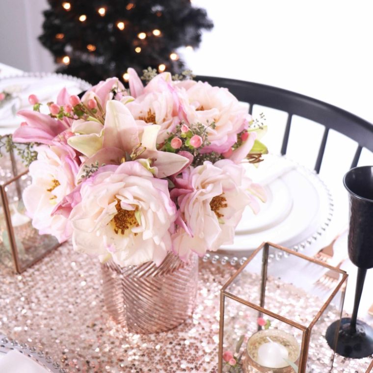décoration de table de noël rose-argent-diamants