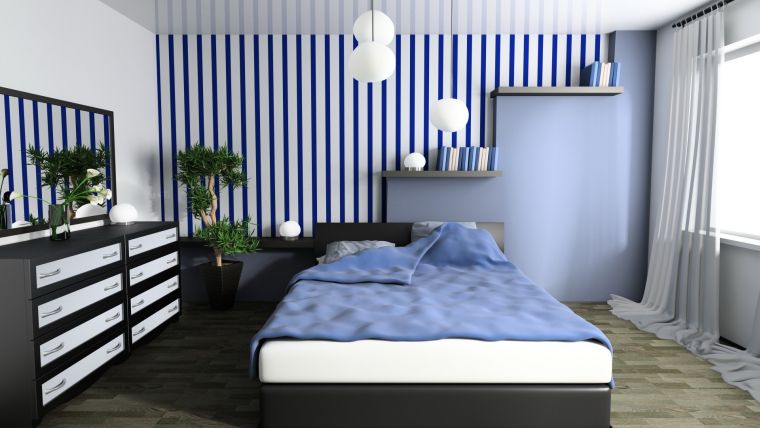 idée déco bleu chambre-a-coucher-mur-papier-peint-motif