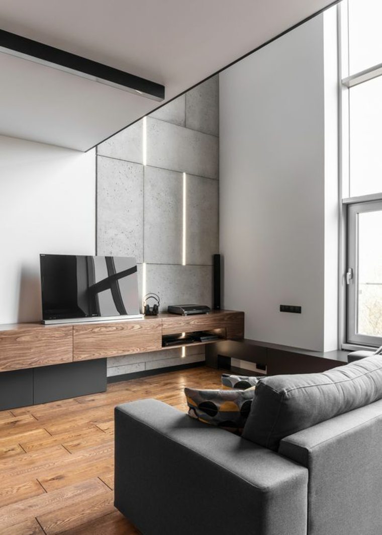 style minimaliste salon-beton-bois-textile