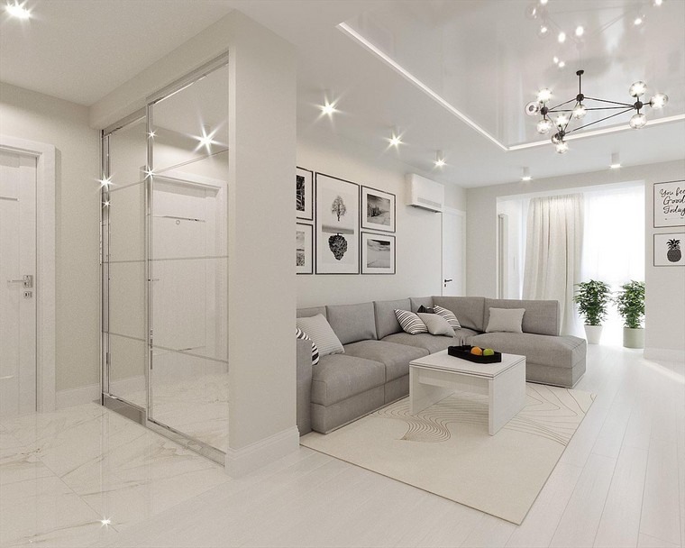 intérieur gris et blanc salon canapé luminaire suspension design