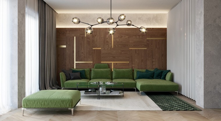 déco salon design canapé vert tapis sol déco mur luminaire