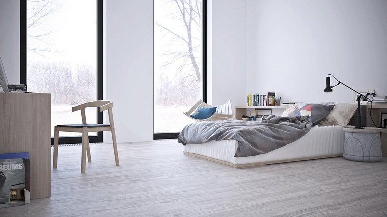 intérieur gris et blanc bois design chambre à coucher chaise