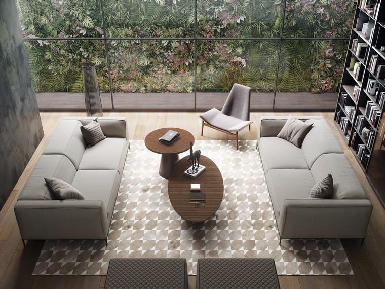 déco design canapé gris moderne coussins tapis sol table bois basse