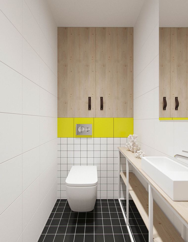 salle-de-bain-scandinave-meuble-bois-touche-jaune-carreaux-blanc