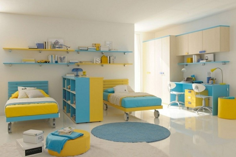 séparer une chambre en deux avec-meuble-enfant-jaune-bleu