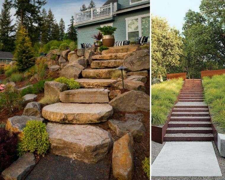 allée de jardin en pente amengament-exterieur-jardin-paysager-escalier-moderne