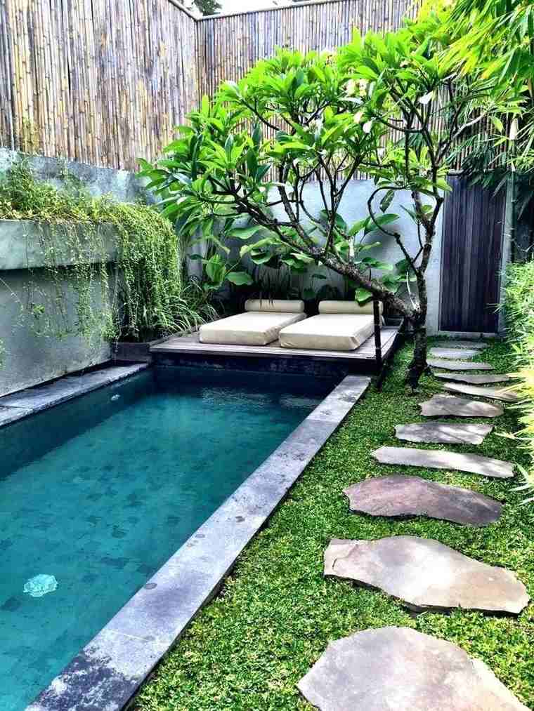 jardin minimaliste bassin extérieur idée banc arbre
