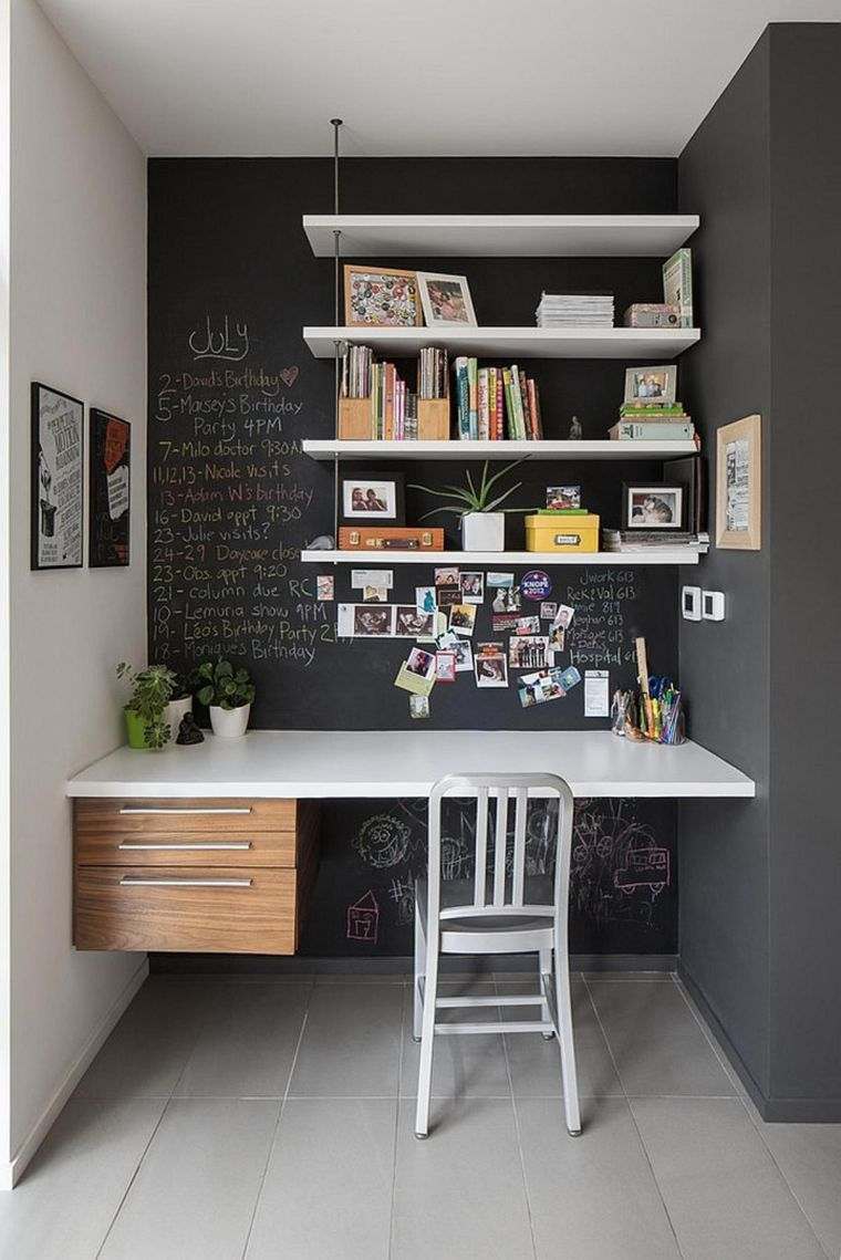 bureau mural suspendu-blanc-deco-mur-peinture-ardoise-noir