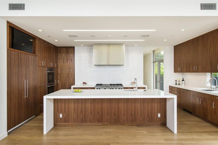 déco cuisine design contemporain meuble-bois-essence-sombre-plan-de-travail-blanc