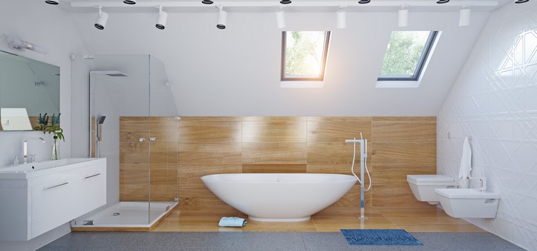 douche italienne salle de bain bois blanc baignoire