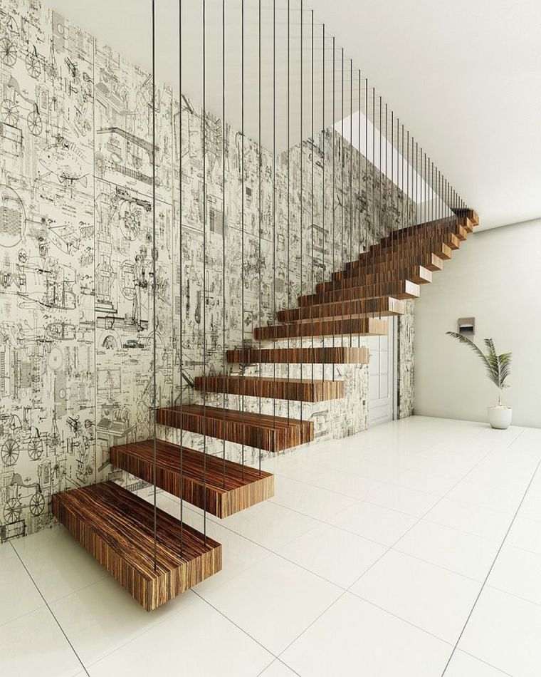 déco escalier original marches-flottantes-bois-papier-peint-scandinave