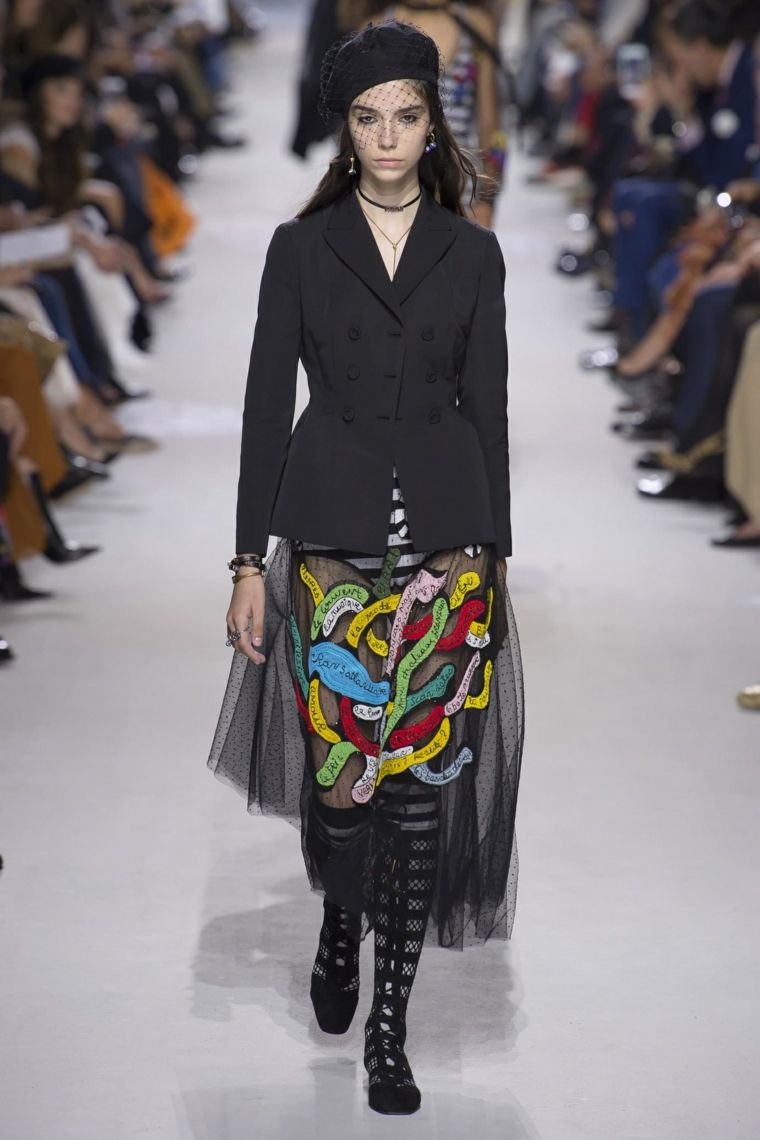 tendance printemps été 2018 chez-Dior-tulle-jupe-couleus-primaires-veste-noire-classique