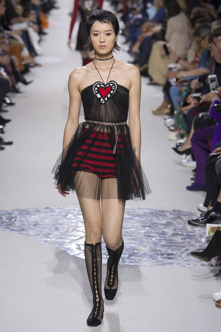 tendance printemps été 2018 chez-Dior-tulle-jupette-corsette-short-rayures-rouge-noir