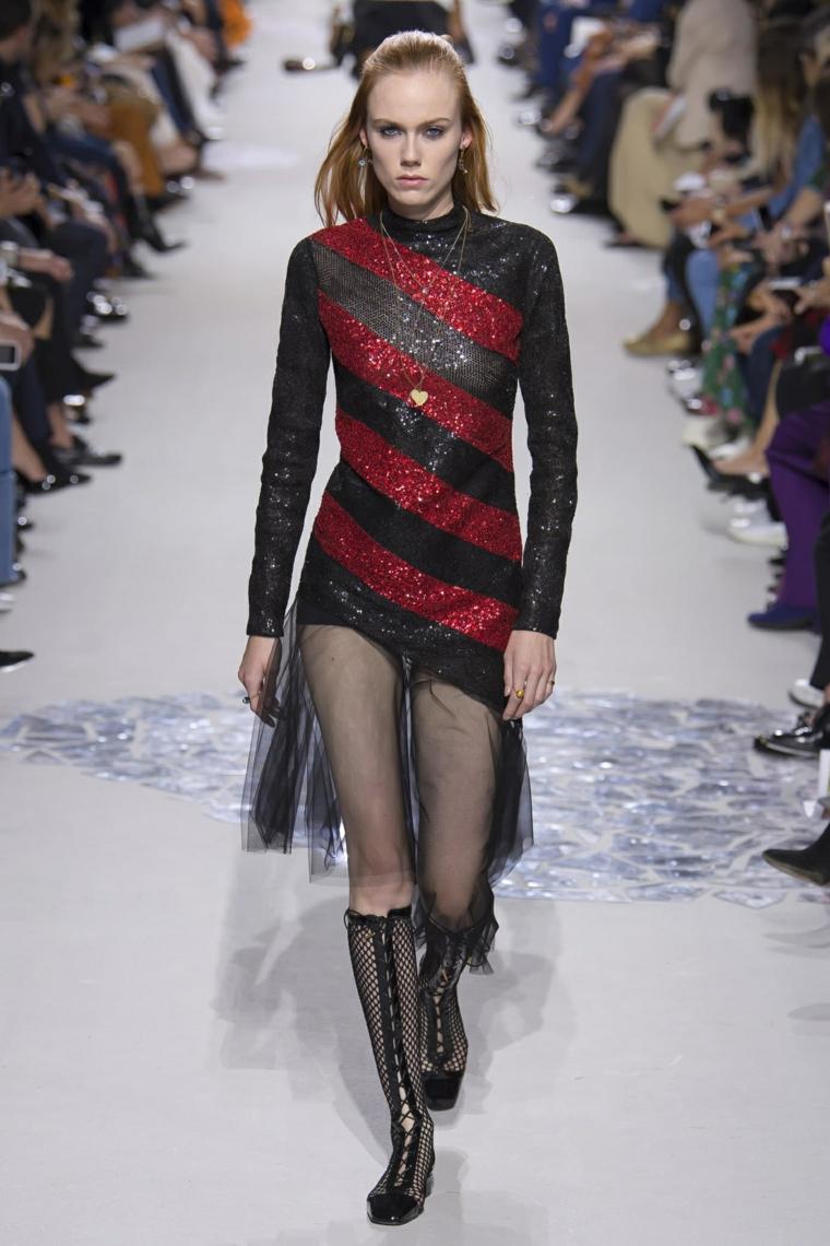 tendance printemps été 2018 chez-Dior-tulle-niveau-cuisses-tunique-etincelante-noir-rouge-fonce