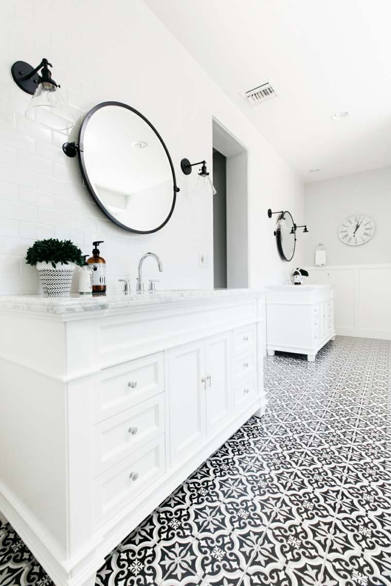 carrelage salle de bain noir et blanc luxe-meubles-blancs