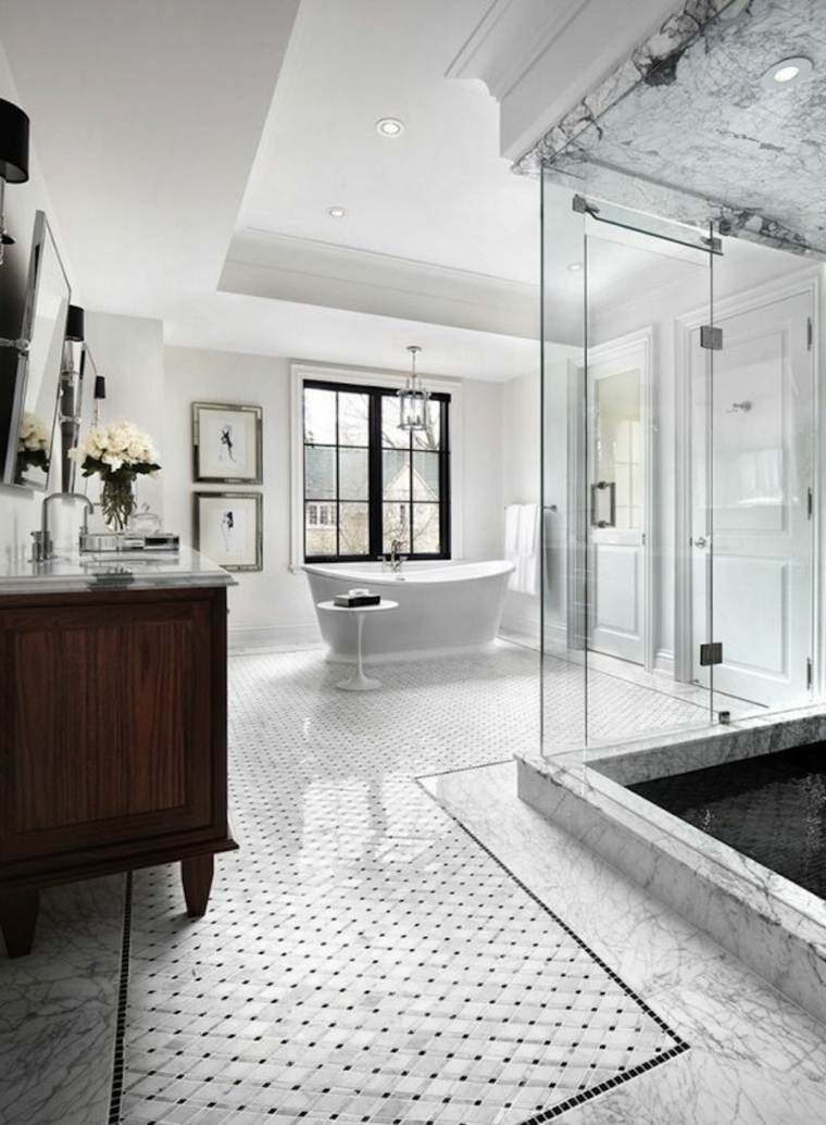 carrelage salle de bain noir et blanc luxe-meubles-bois