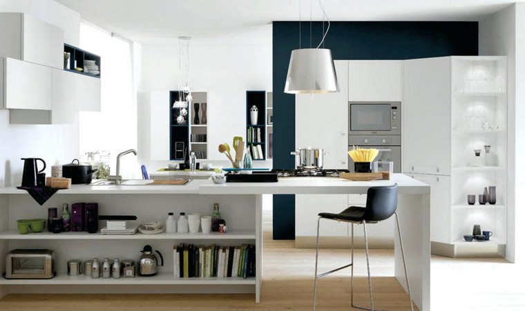 modèle cuisine moderne idée blanc bleu ilot
