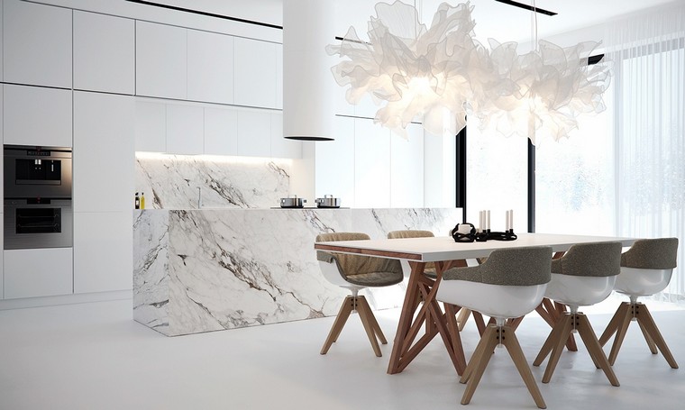 modèle cuisine design minimaliste marbre îlot hotte aspirante
