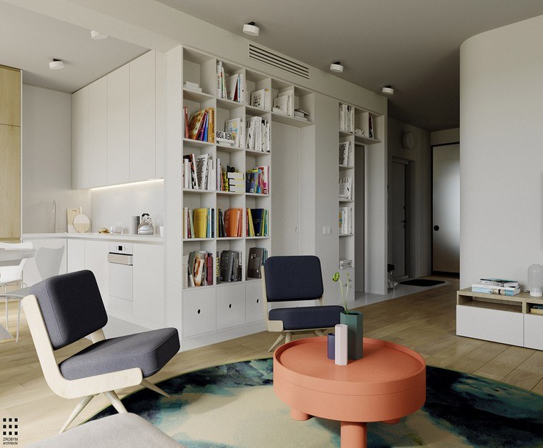 déco blanc et bois salon moderne canapé bibliothèque