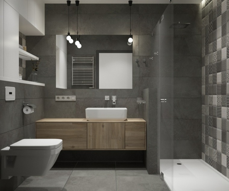 salle de bain design luxe gris-blanc-bois