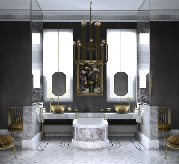 salle de bain design luxe gris-blanc-dore