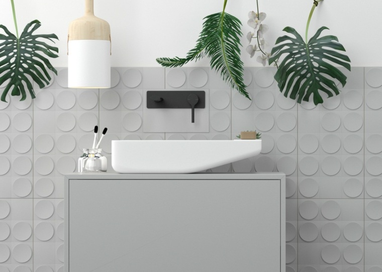 salle de bain design luxe gris-blanc-verdure